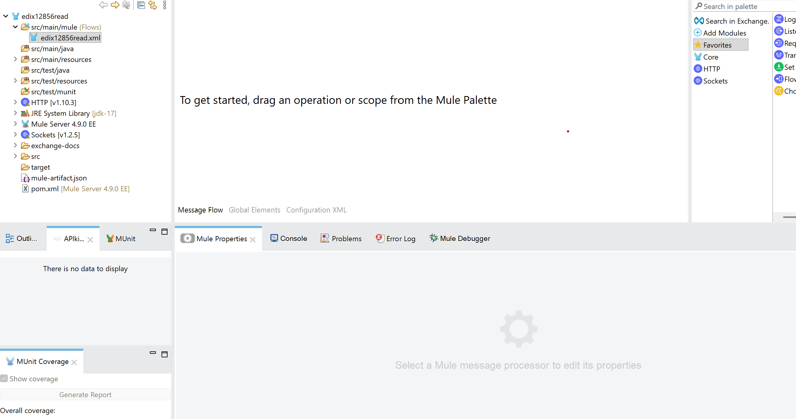 Screenshot of Anypoint Studio showing the edix12856read project structure