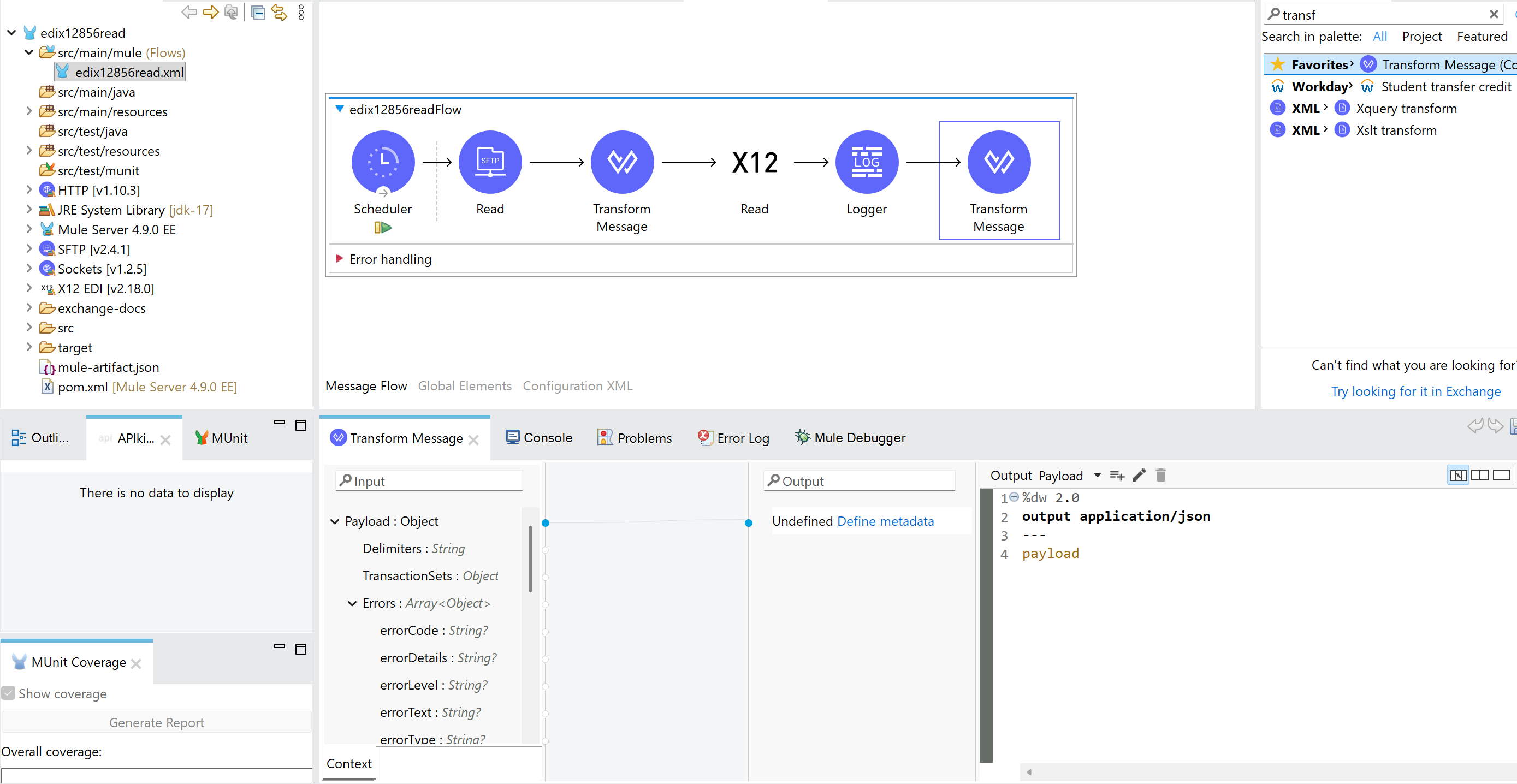 Screenshot of Anypoint Studio showing the edix12856read project structure
