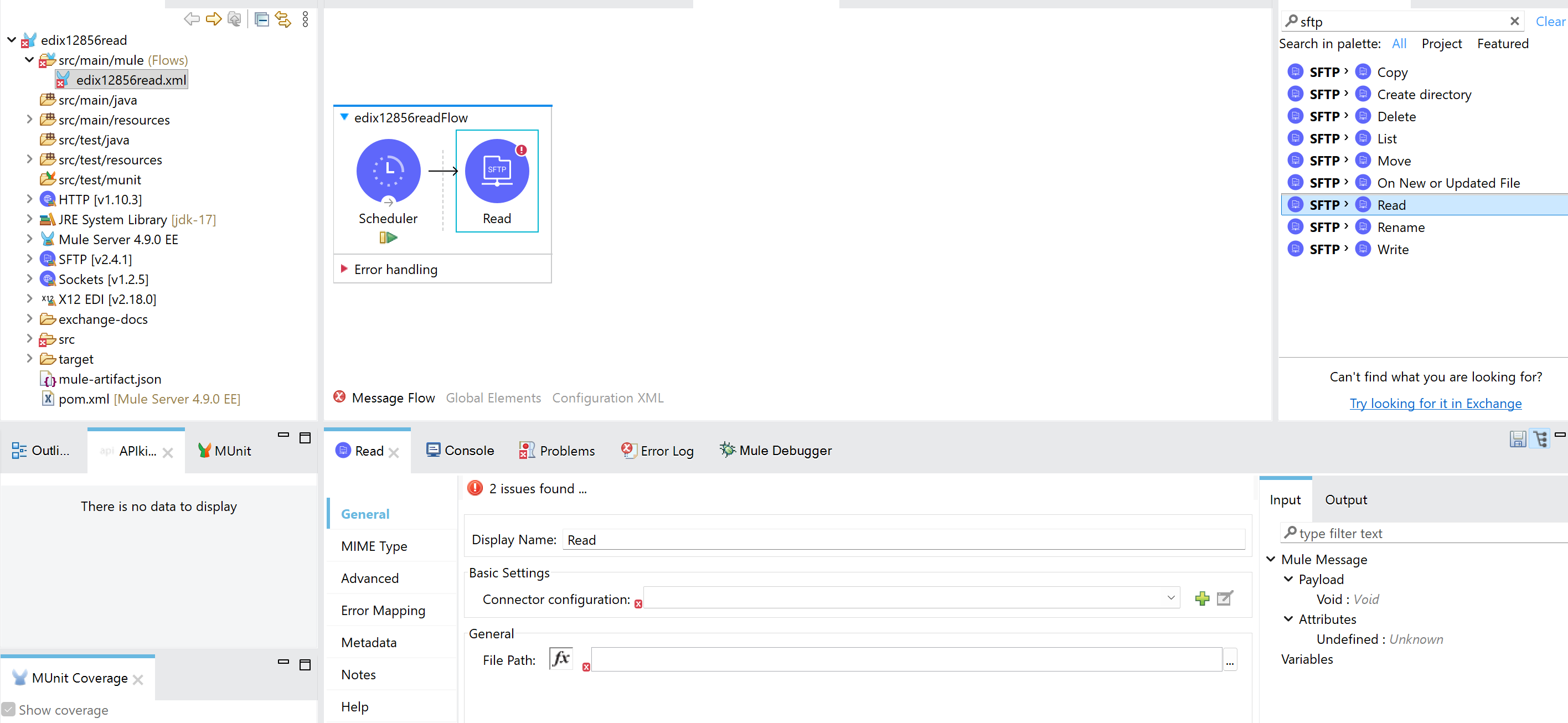 Screenshot of Anypoint Studio showing the edix12856read project structure