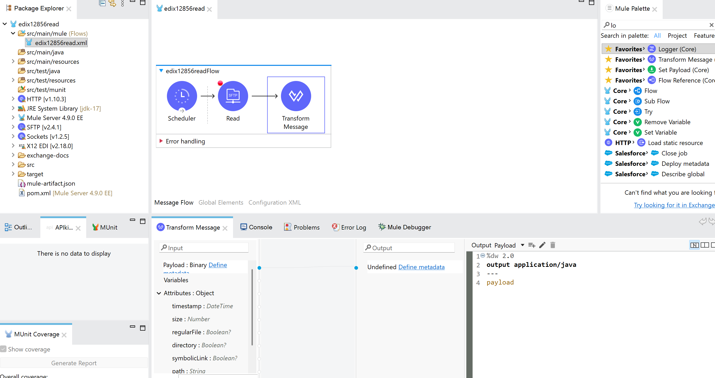 Screenshot of Anypoint Studio showing the edix12856read project structure